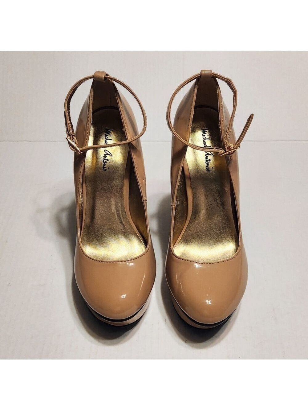 Michael Antonio Patent Leather Ankle Strap Platform Stiletto Heel Pump Beige 8 - Picture 5 of 12